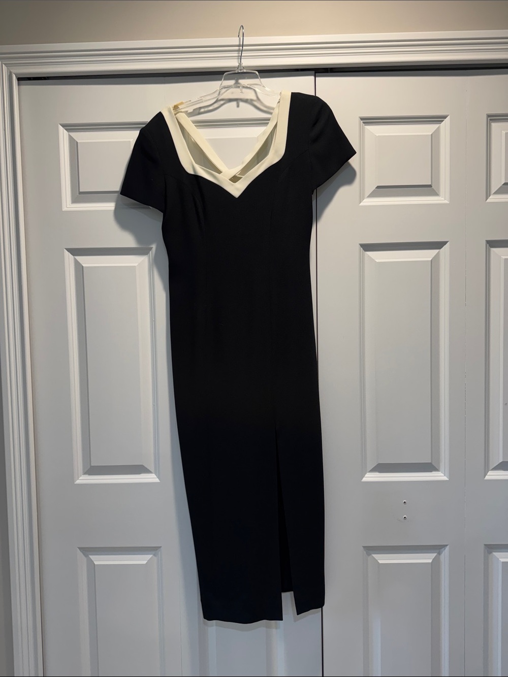 Liz Claiborne Black Midi Dress with Cream V-Neck Trim